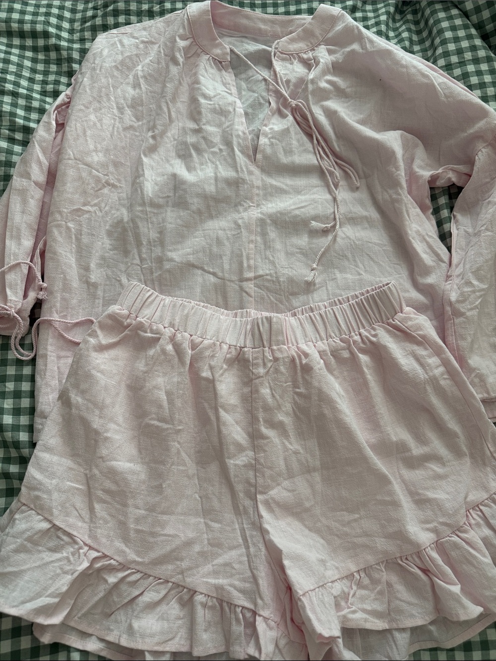 Source Unknown Light Pink Tie-Front Long Sleeve Top & Ruffle Short Set